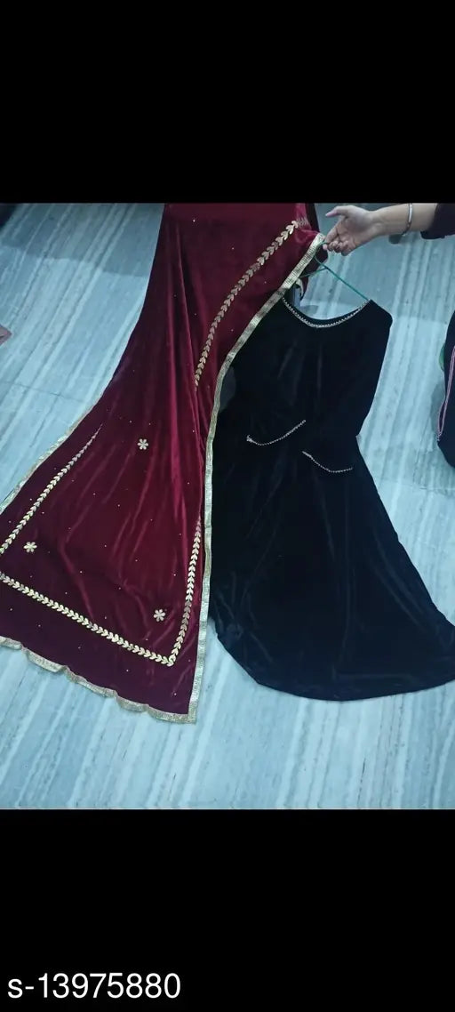 Velvet dupatta women's gown set, versatile and stitched for multiple sizes (S-XXL), Indian origin