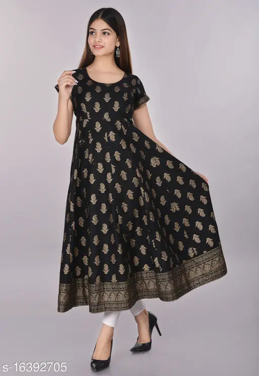 Black anarkali kurta with gold print, long sleeves and straight cut neckline