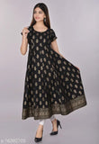 Black anarkali kurta with gold print, long sleeves and straight cut neckline