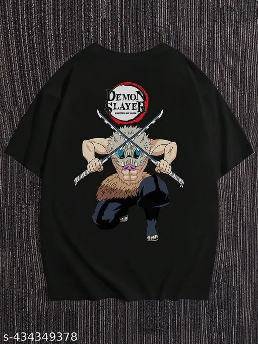 Black cotton blend Men Inosuke Swordsman printed T-shirt, short sleeves, oversized fit