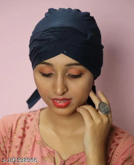 Dark blue hijab cap, black underscarf with decorative trim