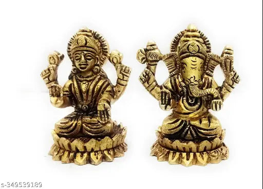 Brass Kamal Ganesh Laxmi idol, intricately detailed Hindu god and goddess statue, 400gm, multi-colored decorative showpiece from India