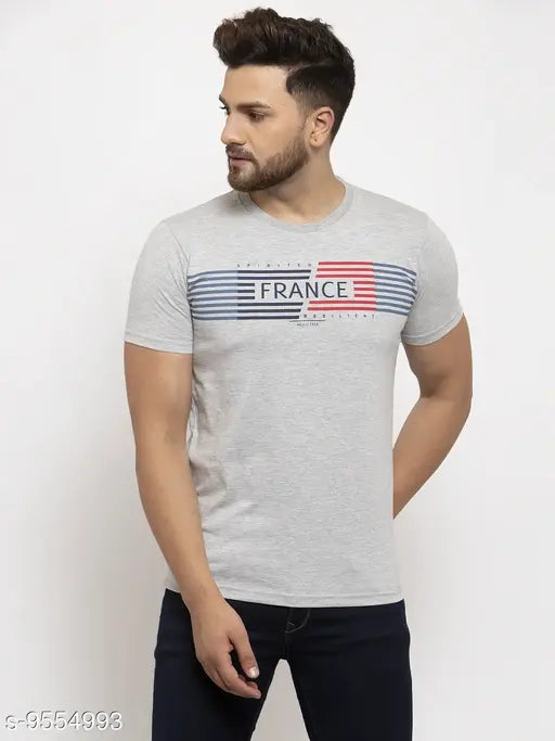 Grey printed crew neck regular fit cotton T-shirt, short sleeves, cotton blend fabric, size M (chest 41in, length 27.5in), made in India