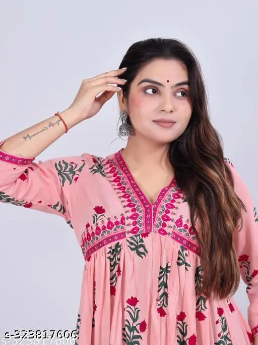 Rose printed rayon anarkali kurti, trendy and stylish for women's ethnic wear midi gown