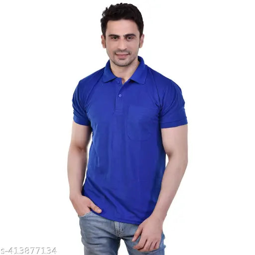 Royal Blue Matty Fabric Men's Polo T-Shirt with Pocket, regular fit, half sleeves, bottom neck collar. Size range S to 3XL