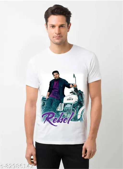 Red polyester 'Rebel Star' Prabhas Raju Radhe Shyam printed t-shirt, short sleeves, M to XXL sizes