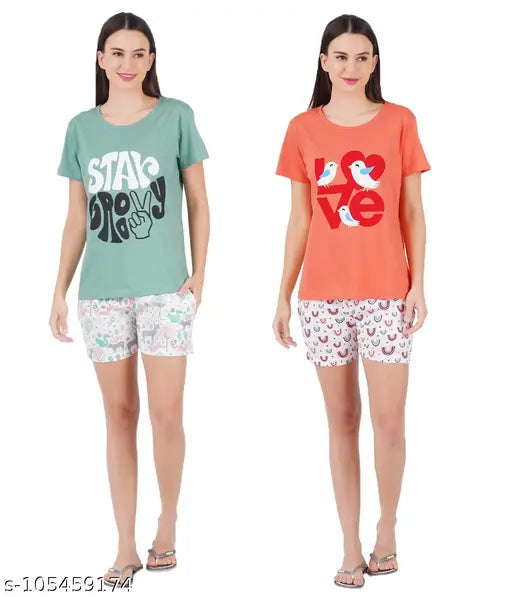 Women's printed cotton top & shorts set (pack of 2), vibrant multicolor nightwear for ladies