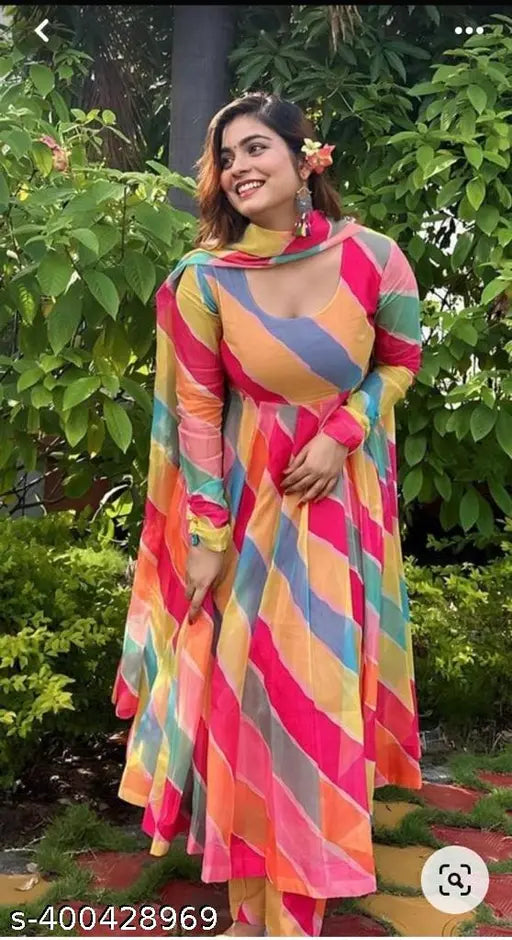 Georgette Anarkali long sleeve kurta set with dupatta, traditional party wear for women in India