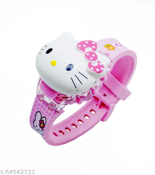 3D Hello Kitty Face Based Toy Design Digital Glowing Watch with Disco Music and Blinking Lights for Kids | for Boys Girls- Good Birthday Return Gift