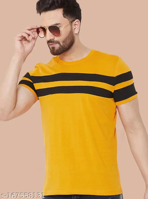 Yellow cotton round-neck half sleeves men's t-shirt, solid design - S (36in), made in India
