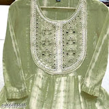 Green cotton chikankari embroidered long gown, three-quarter sleeves, Indian handcrafted fashion for women