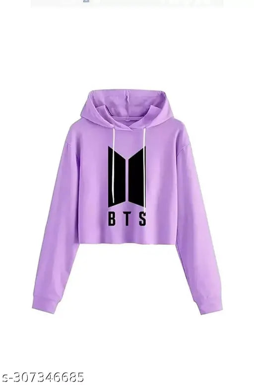 BTS printed cotton blend crop hoodie for women, stylish casual trendy design
