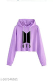 BTS printed cotton blend crop hoodie for women, stylish casual trendy design