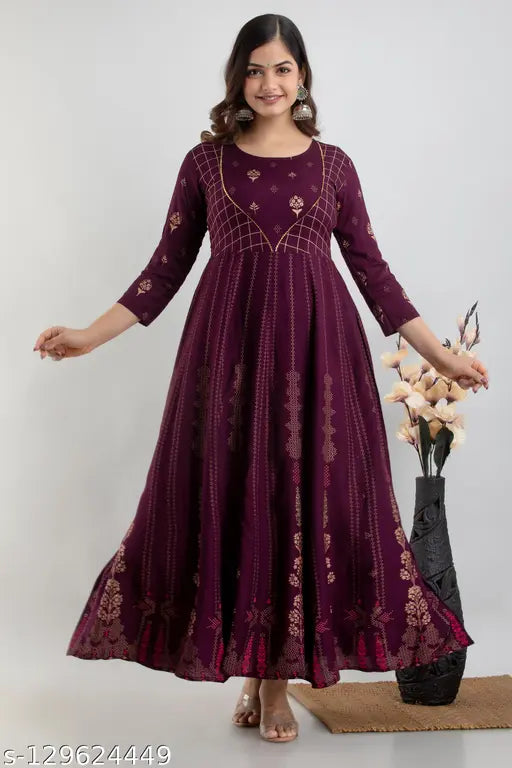 Purple rayon printed anarkali kurta, long sleeves, detailed embroidery