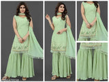 Embroidered, sleeveless, sequin kurta set with dupatta for women's wedding party attire