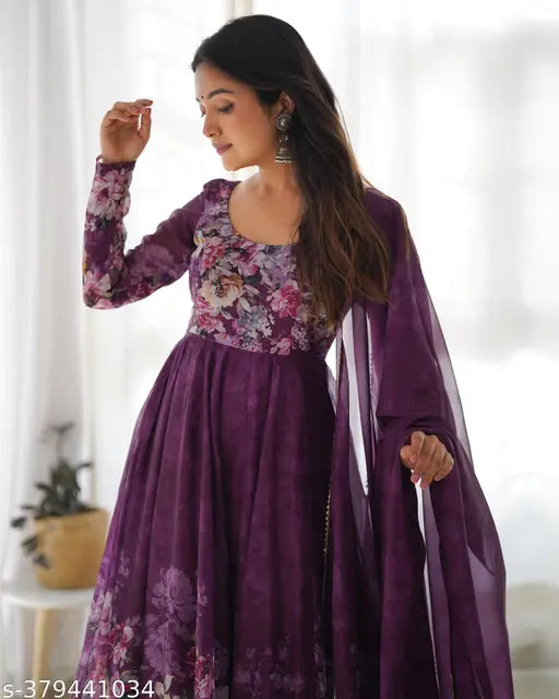 Organza anarkali dress with Kali print and duppata set, ready to wear in wine color, fully flair style with attached canvas patta, inner made of micro cotton