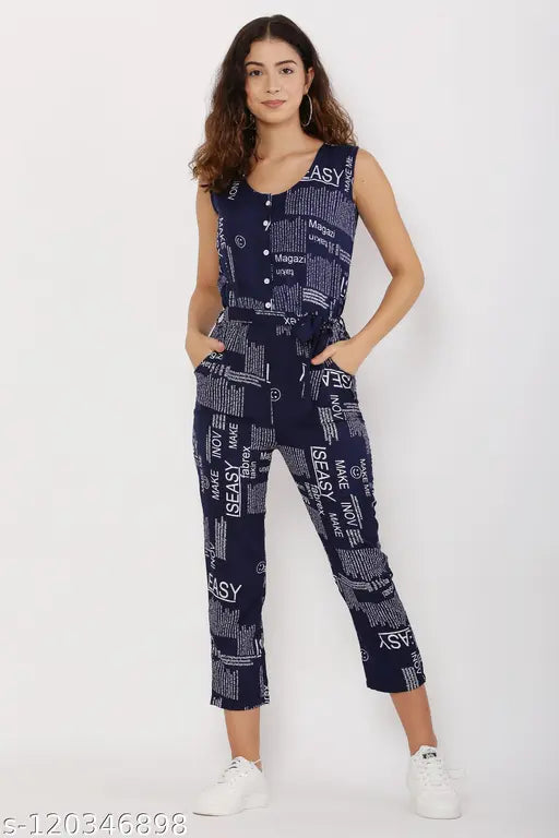 Navy Blue Crepe Sleeveless Jacinta Paper Printed Jumpsuit - Stylish & Comfortable Women's Fashion - Made in India
