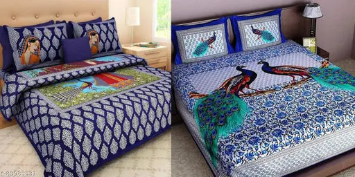 Jaipuri cotton double size bedsheet combo (2 bedsheets, 4 pillow covers), floral pattern, superfine quality for adult use, Indian-made multipack of 6