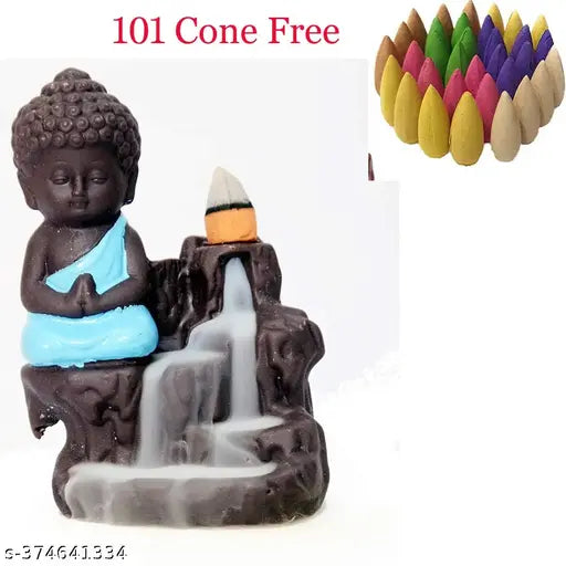 Artfully crafted resin Buddha backflow smoke fountain with 101 cone incense, polyresin India-made designer smoking accessory for special occasions