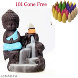Artfully crafted resin Buddha backflow smoke fountain with 101 cone incense, polyresin India-made designer smoking accessory for special occasions