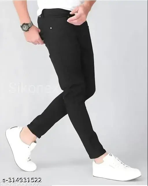 Men's solid black slim-fit jeans - high-quality polyester, versatile and stylish, suitable for various occasions, size 28, 30, or 32