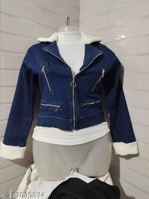Blue denim and white fur jacket with zipper detail