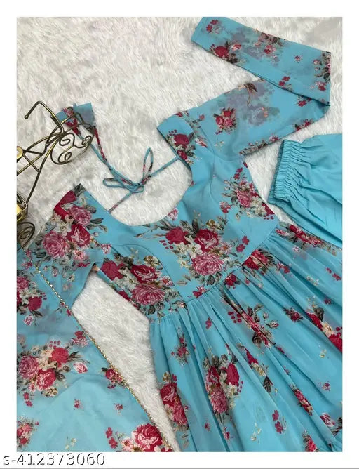 Pure soft blue fox georgette floral print fabric, anarkali dress with full sleeves, long skirt, dupatta set, and a pent