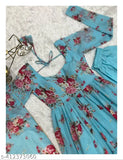 Pure soft blue fox georgette floral print fabric, anarkali dress with full sleeves, long skirt, dupatta set, and a pent