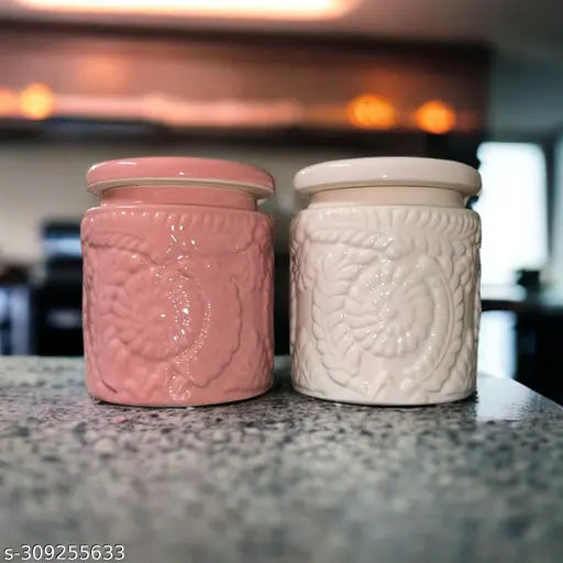 Ceramic Floral Pickle jar Set, 1000ml, 2 jars in white and pink