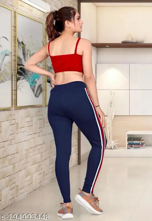 Cotton blend striped navy jeggings for sports and yoga, comfortable and elastic waistband, suitable for winter season and available in multiple sizes (26, 28, 30, 32), made in India