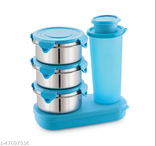 Designer plastic lunch box set with stackable containers, blue lids