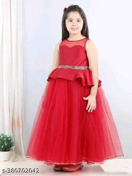 Fancy net kids peplum gown, sleeveless full length party dress for girls aged 3-13, India origin