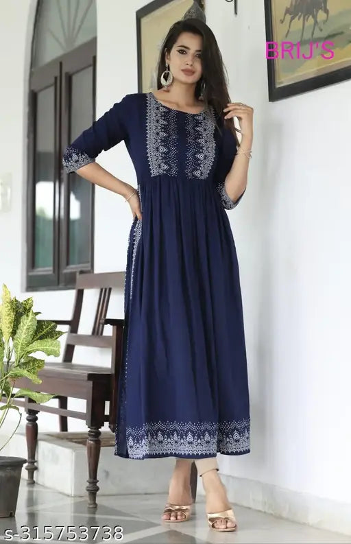 Rayon, printed Nyra Kurtis with 3/4 sleeves, Indian Sanganeri design for women and girls, suitable for denim or leggings