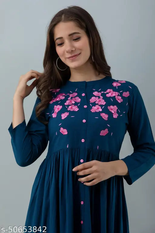 Rayon embroidered kurta by Veer SA Fashion, three-quarter sleeves, soft and comfortable, Indian handcrafted fashion