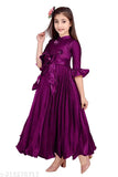 Purple silk-blend frock for girls, three-quarter sleeves, solid pattern. Indian-made fashionable dress perfect for events