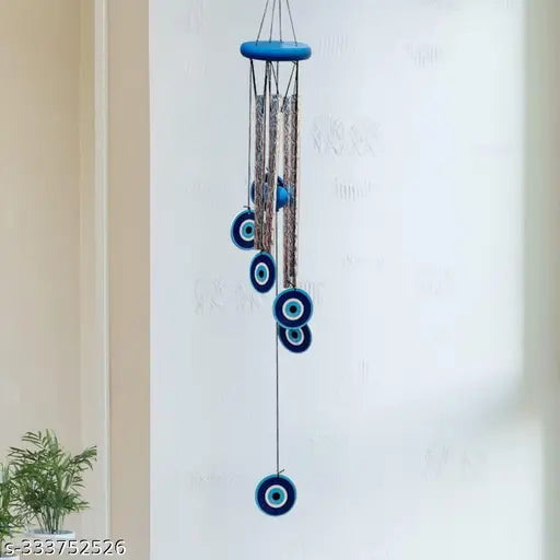 Exclusive blue metal evil eye wind chime with 12 hanging balls for home office, balcony, garden protection from negative energy, vastu, best gift for home decoration