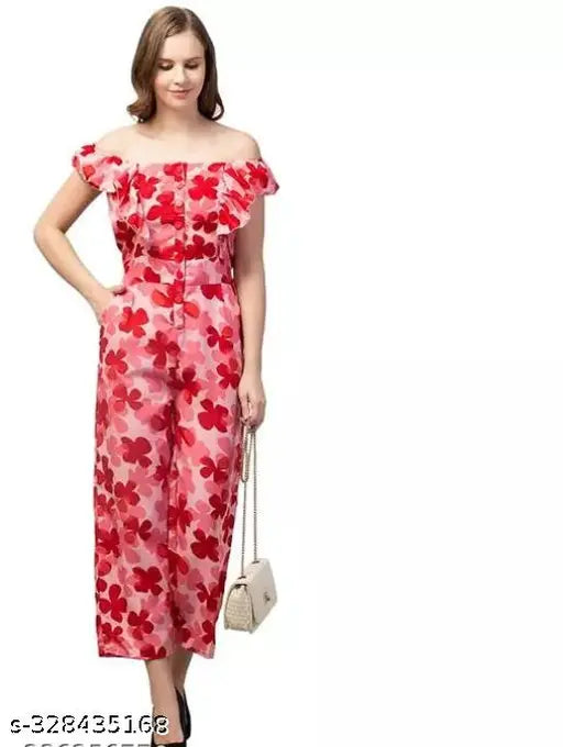 Printed net poly crepe sleeveless combo jumpsuit, lightweight and breathable for comfortable wear. Available in S, M, L, XL sizes. Indian origin
