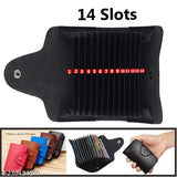 Black genuine leather 13-slot debit/credit card holder with 2 cash slots, perfect for modern storage. Solid leather wallet design, compact size (10.5cm x 7.5cm x 2.6cm), suitable for various activities. Choose from three color options and arrive in a white gift box