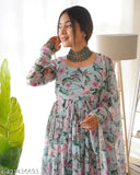 Modern blue georgette printed Anarkali Kurta for girls, comfortable fit daily wear with stylish design