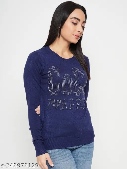 Coco stone print woolen winter full sleeve round neck sweater for women, elevated wardrobe basic in free size (36in bust, 24in length, 31in waist, 32in hip, 15in shoulder)