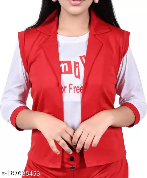 A girl in a red sleeveless dress, white printed T-shirt, and red jacket