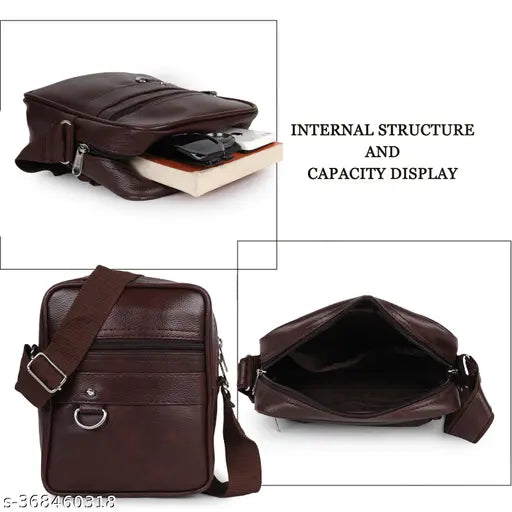 Brown leather side shoulder crossbody bag with internal structure and capacity display