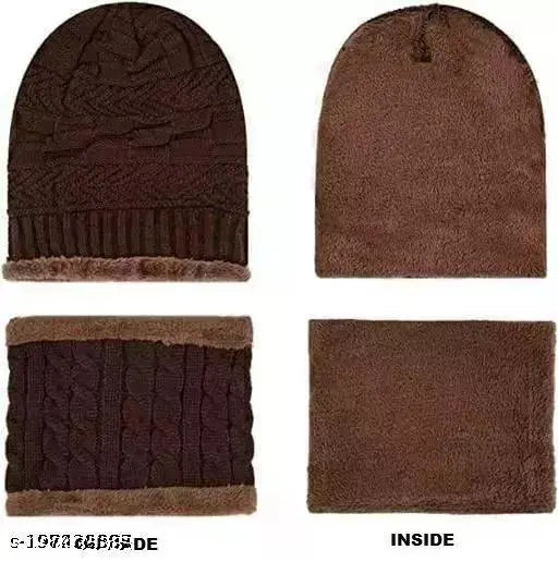 Brown wool balaclava cap with gloves for men, featuring a self-design pattern and premium quality stretchy material for winter warmth
