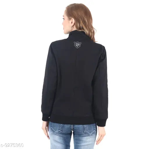 Black cotton blend full sleeve hoisery jacket for women, solid pattern, trendy winter wear on model