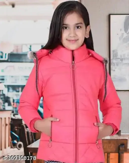 Pink kids jacket with faux fur hood, zip closure, 12 pockets