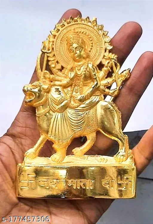 Metal Durga Ji Sherawali Mata figurine, Indian god idol on altar or display stand
