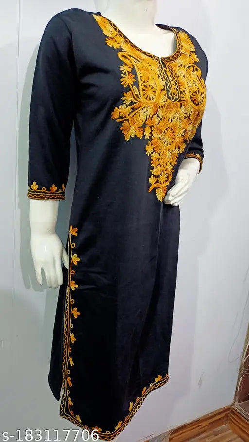 Black over yellow embroidered woolen kurti for women