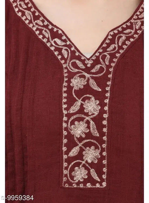 Maroon rayon embroidery top, three-quarter sleeves, SAAKAA women's fashion on mannequin
