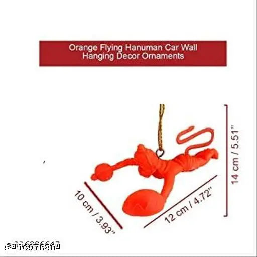 Orange plastic Hanuman idol, Flying Lord Hanuman hanging figure, Indian-made, 12 cm x 5 cm x 5 cm