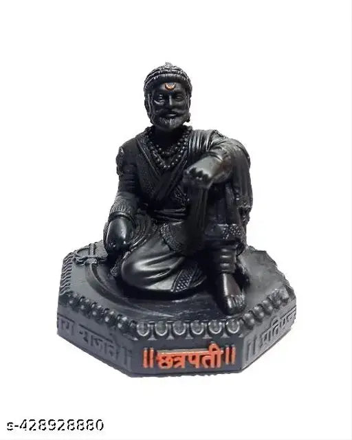 Polystone Chhatrapati Shivaji Maharaj statue, matte finish black, Indian handicraft artifact, RAJMUDRA carving on hexagonal base, 9 cm x 9 cm x 9 cm showpiece for home decor